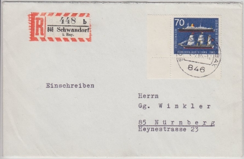 BRD - 70 Pfg. IVA München Bogenecke Einschreibebrief Schwandorf - Nürnberg 1965