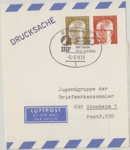 Berlin - 30+15 Pfg. Heinemann Privatganzsache Lupo-Streifband SST Berlin 2.3.73