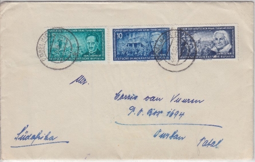 DDR - 25+10+5 Pfg. Arbeiterbewegung Brief n. NATAL Röbel (Müritz) - Durban 1956
