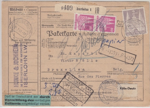 Bizone - 2 Mk. + 2x40 Pfg. Bauten Paketkarte n. BELGIEN Iserlohn - Brüssel 1951