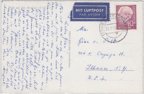 BRD - 40 Pfg. Heuss I Luftpostkarte n. USA Osterode - Ithaca 20.2.1956