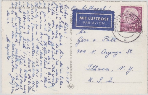 BRD - 40 Pfg. Heuss I Luftpostkarte n. USA, Osterode - Ithaca 2.5.1955