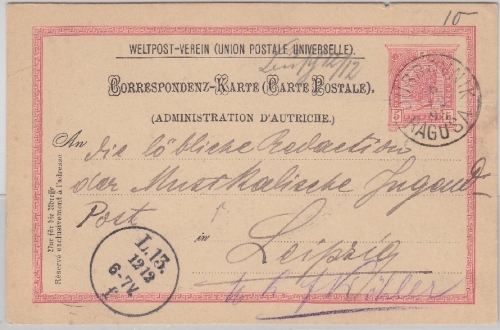 Österreich/Kroatien - Dubrovnik Ragusa K1 5 Kr. Ganzsache n. Leipzig 1893