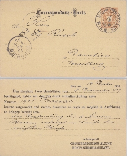 Österreich - 2 Kr. Ganzsache priv. Zudruck Montangesellschaft Wien Dornbirn 1889
