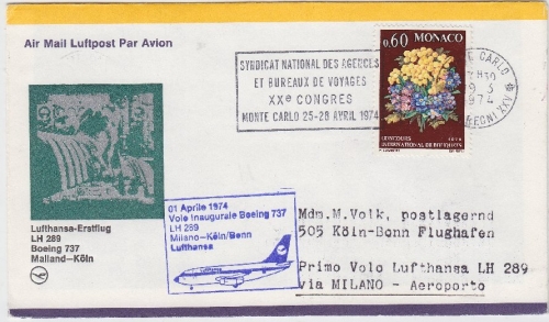 Monaco - Zuleitungspost Lufthansa 1st-Flug Mailand - Köln 1974