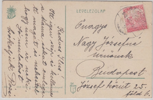 Ungarn - 10 F. Firmenlochung/Perfin "L.B.&F." Karte Revfülöp n. Budapest 1918