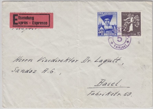 Schweiz - 30 Rp. Juventute u.a. Feldpost-Eilbotenbrief Telegr. Kp.5 - Basel 1940