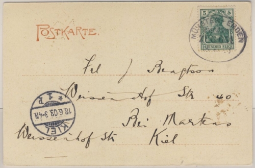 DR - Bahnpost Münster - Emden Zug 641 Karte v. Emden (AK Rathaus) n. Kiel 1903