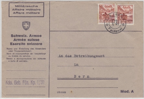 Schwei - Feldpostbrief (Vordruckkuvert) "Kdo. Geb. Füs. Kp. I/31" n. Bern
