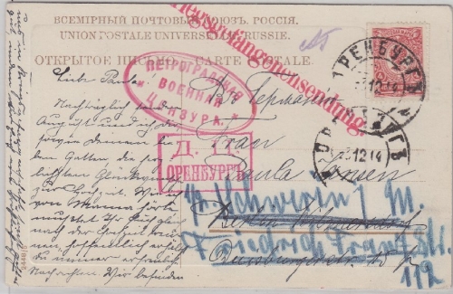 Russland - Kriegsgefangenenkarte Orenburg - Berlin 1914 Weiterleitung n Schwerin