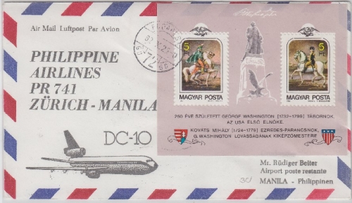 Ungarn - Zuleitungspost Philippine Airlines 1st-Flug Zürich - Manila 1982