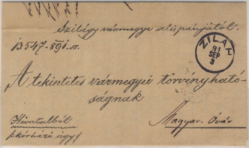 Österreich/Rumänien - Zilah 1891 K1 Dienstbrief n. Magyer-Ovar m. Inhalt