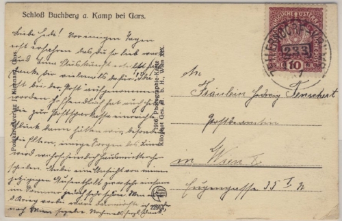 Österreich - Bahnpost Zellerndorf - Krems 233 Karte (Schloss Buchberg) 1917