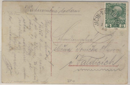 Österreich - Bahnpost Jicin-Wostromer Karte n. Valdicich 1908