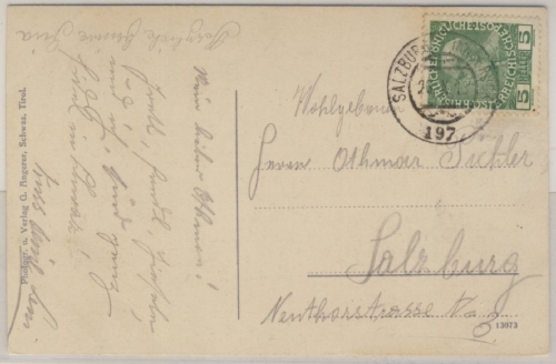 Österreich - Bahnpost Salzburg - Innsbruck 197 5 H. AK Schwaz - Salzburg 1913