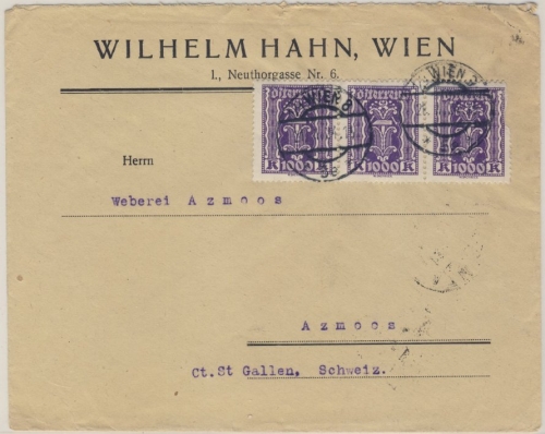 Österreich-Infla - 3x1.000 K. Brief i.d.SCHWEIZ Wien - St. Gallen 21.2.24