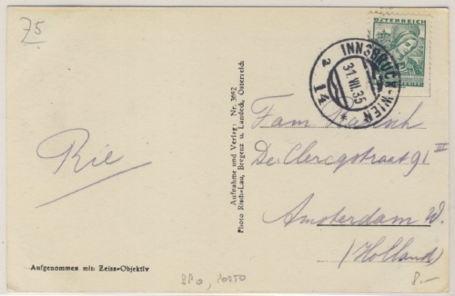Österreich - Bahnpost Innsbruck - Wien 14 Drucksache Feldkirch n. HOLLAND 1935
