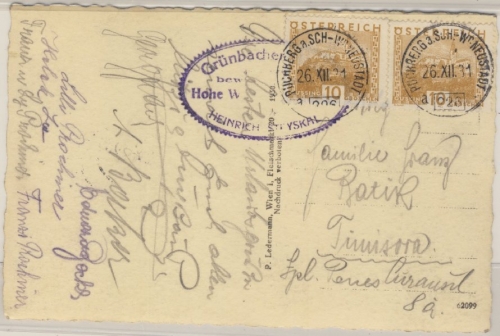 Österreich - Bahnpost Puchberg a.Sch. - Wr. Neustadt 226 Karte n. RUMÄNIEN 1931