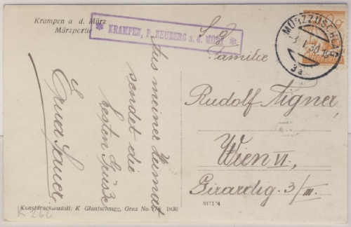 Österreich - Postablage Krampen P. Neuberg a.d. Mürz Ansichtskarte Krampen 1930