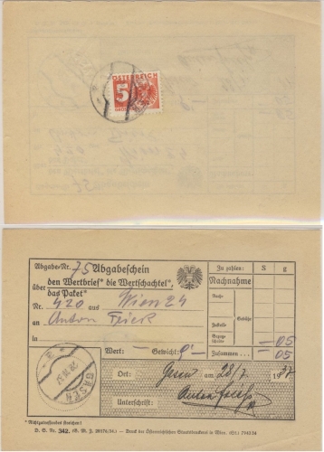 Österreich - 5 Gr. Portomarke Paketaufgabeschein Gasen 1937 Stichwort Steiermark