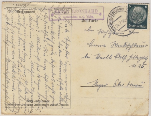 Österreich/Ostmark - Postablage St. Leonhard P. Waidhofen a.d.Ybbs Karte 1940