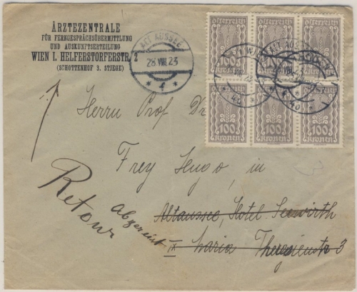 Österreich-Infla - 6x100 K. Kornähre Brief Wien - Altaussee 1923 - Retourvermerk