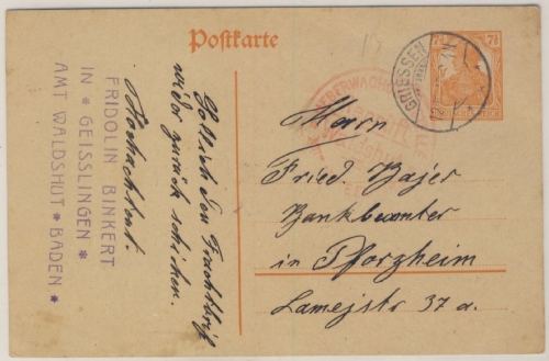 DR - 7 1/2 Pfg. Germania Ganzsache Griessen - Pforzheim 1917 Zensur Waldshut