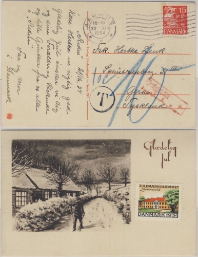 Dänemark - Weihnachtskarte Aarhus - Gera 1934 - Nachporto - Jul-Vignette