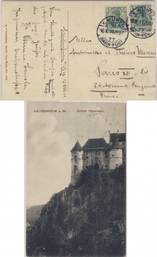 DR - K. Württ. Bahnpost No.77 Z507 Karte n. FRANKREICH Heidenheim 1911