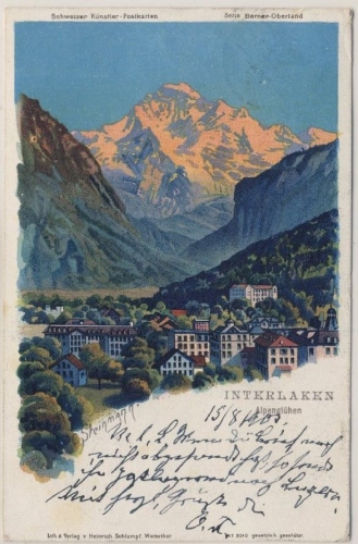 Schweiz - Interlaaken Alpenglühen farb. Künstler-AK gelaufen n. Hannover 1903