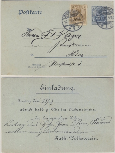 DR - 2 Pfg. Germania Ganzsache Zudruck Kath Volksverein Ortskarte Pforzheim 1906