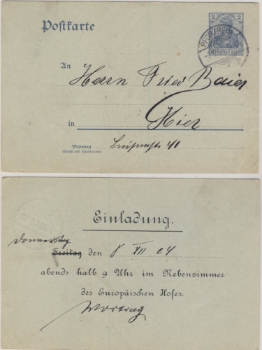DR - 2 Pfg. Germania Ganzsache Zudruck Einladung Ortskarte Pforzheim 1904