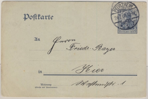 DR - 2 Pfg Germania Ganzsache Zudruck Einladung Hercynia Ortskte. Pforzheim 1906