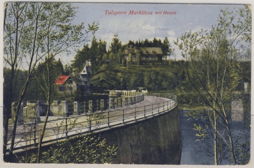 Schlesien - Talsperre Marklissa mit Hospitz (Queistal), Farb-AK gelaufen 1927 n.