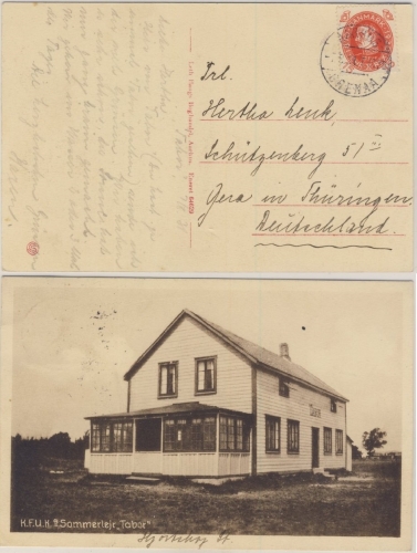 Dänemark - Bahnpost Aarhus - Grenaa, T. 1078 AK Sommerlejr Tabor n. Gera 1931