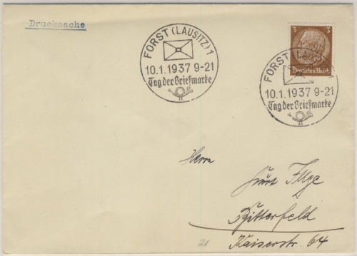 DR - Tag der Briefmarke 1937 SST Forst Drucksachenbrief n. Bitterfeld