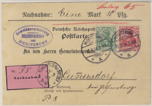 DR - 10+5 Pfg. Germania Nachnahmekarte Mortizburg - Cunnersdorf 1904