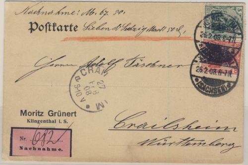 DR - 5+10 Pfg. Germania Nachnahmekarte Klingenthal - Crailsheim 1908
