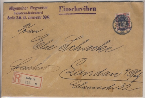 DR - 40 Pfg. Germania Perfin/Firmenlochung B.L.A Einschreibebrief Berlin 1912