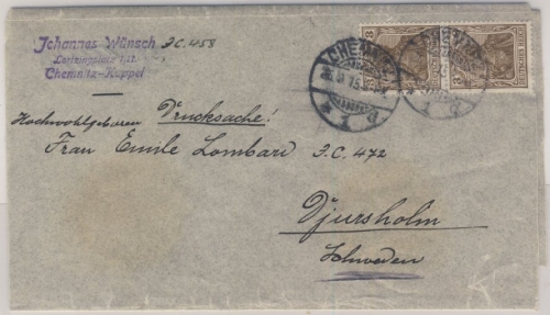 DR - 2x3 Pfg. Germania prov. Streifband n. SCHWEDEN Chemnitz - Djursholm 1915