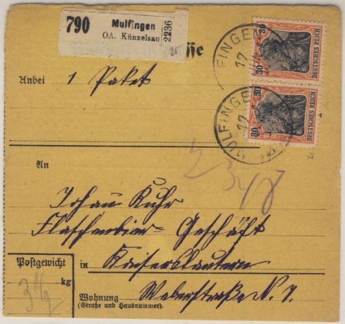 DR - 30 Pfg. Germania Paar Paketkarte Mulfingen - Kaiserslautern 1918
