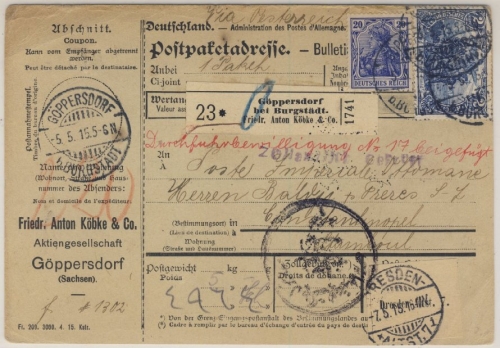 DR - 2 Mk. Friedensdruck + 20 Pfg. Germania Paketkte. i.d. TÜRKEI Göppersdorf b.