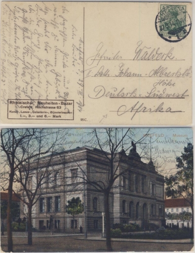 DR - 5 Pfg. Germania Karte n. DEUTSCH-SÜDWESTAFRIKA Crefeld Joh.Albertshöhe 1914