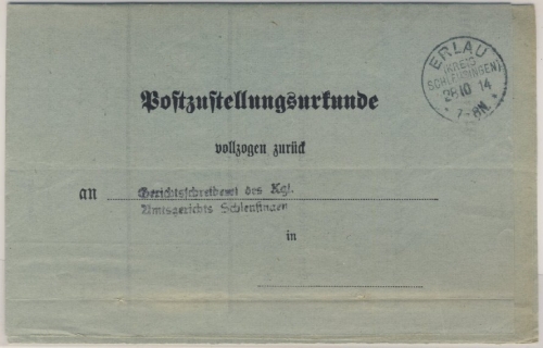 DR - Erlau (Kr. Schleusingen) 1914 Postzustellurkunde n. Schleusingen