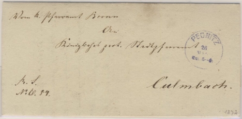 Bayern - Pegnitz viol. K1 Dienstbrief v. Bronn n. Kulmbach - mit Inhalt 1872