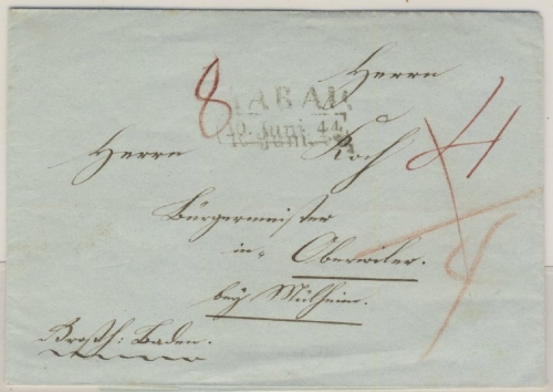Schweiz/Baden - Aarau 1844 Ra2 Portobrief n. Oberweiler b. Mülheim - ohne Inhalt