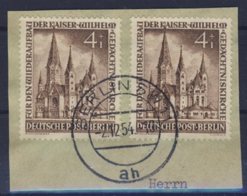 Berlin - 2x4 Pfg. Kaiser-Wilhelm Gedächtniskirche Briefstück Berlin SW11 1954
