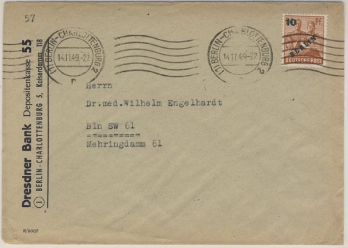 Berlin - 10 Pfg. Grünaufdruck Einzelfrankatur Ortsbrief B.-Charlottenburg 1949