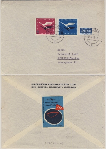 BRD - 5+15 Pfg. Lufthansa Brief Freudenstadt Tübingen 1955 - rs. SAS-Vignette