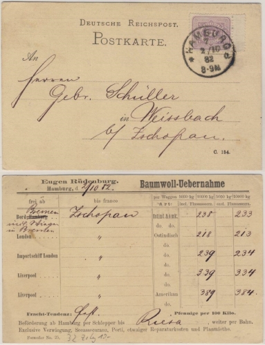 DR - Hamburg 7a Klaucke-Stempel 5 Pfg./Zwischensteg Postkarte n. Weissbach 1882